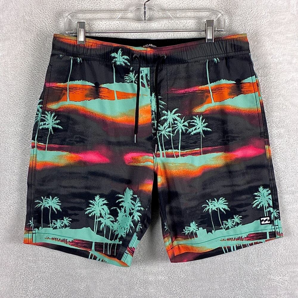 VTG Billabong Board Shorts Men M Black Green Palm Sundays Recycler Beach Summer